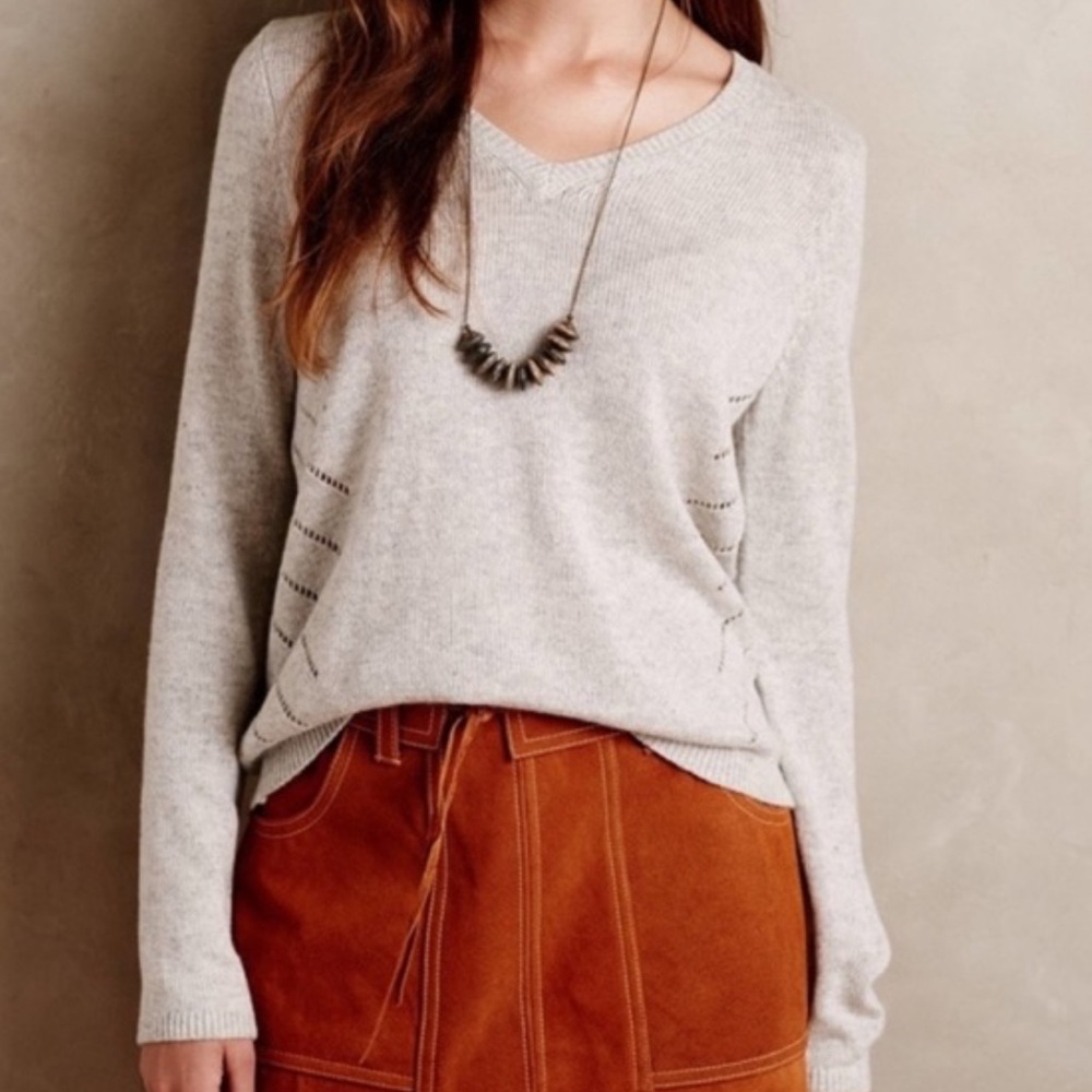 Moth Anthropologie Sweater V-Neck Knit Cotton Blend Cashmere‎ Woman's Small Grey